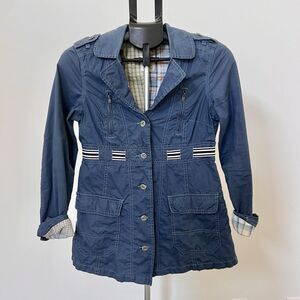 Free People Women’s Blue Cotton Short Coat Size 2 Striped Belt Plaid Lining EUC
